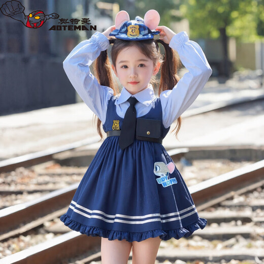 Ultraman Girls Zootopia Rabbit Police Officer Lolita Princess Dress 2026 Spring and Autumn New Girl Judy Dress Blue (Free Tie) 90 cm
