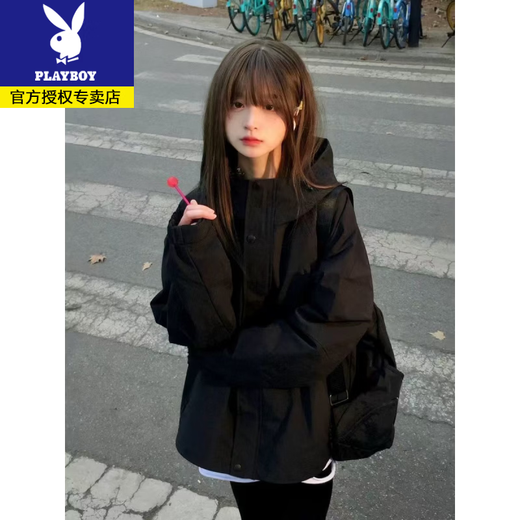Playboy Spring and Autumn New Niche Hooded Jacket Men and Women Same Style Outdoor Mountaineering Clothes Windproof and Coldproof Versatile Short Jacket Spring and Autumn Style Milky White M 100-120Jin Jin is equal to 0.5 kg