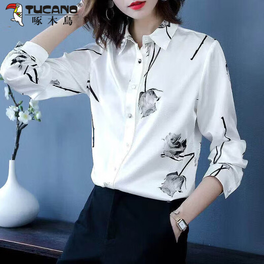 Woodpecker 2026 spring heavyweight women's shirt long-sleeved rose print fashionable Western style large size top non-velvet women's shirt white long-sleeved 05 style S recommended 75-85Jin Jin equals 0.5 kg