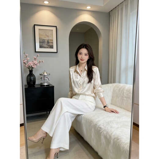 Lu Wang Lianxue New Chinese Satin Long Sleeve Shirt Women's Spring and Autumn 2026 New National Style Jacquard Western Style Versatile Shirt Top Pink L