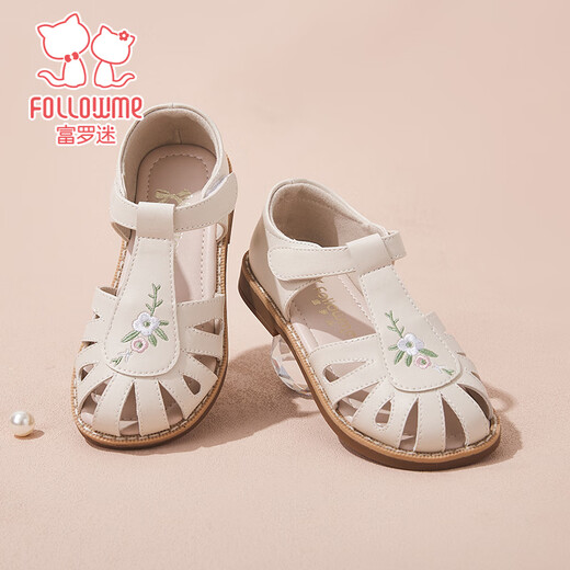 Fuluo Mi Girls Sandals Summer New National Style Embroidered Princess Shoes Children's Non-Slip Lightweight Baotou Sandals Off-White 27