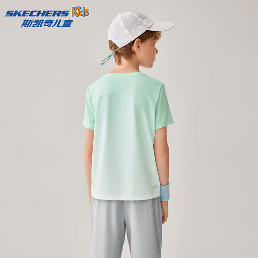 Skechers 2026 spring boys' comfortable sports and leisure knitted short-sleeved T-shirt P225B008 light plaid aqua white background gradient/059Z 120