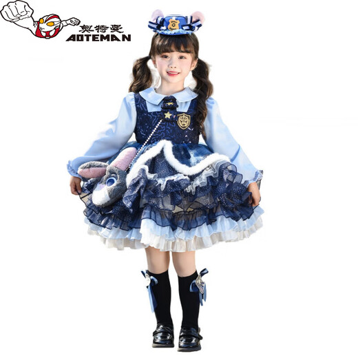Ultraman Rabbit Police Officer Clothes Children's Spring and Autumn Dress Judy Cos Clothing Girls Baby Lolita Princess Skirt Blue (Skirt) 100 cm