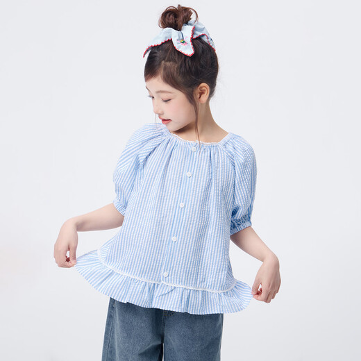 Xiaoyinman children's clothing girls plaid shirt lace hem 26 summer large children puff sleeve casual top blue grid 120