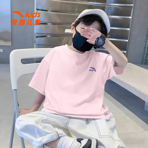 ANTA boys' short-sleeved T-shirt children's summer wear 2026 new pure cotton youth half-sleeved sports short T-shirt casual bottoming shirt skin-friendly pure cotton 8101-2 ink blue 140 cm
