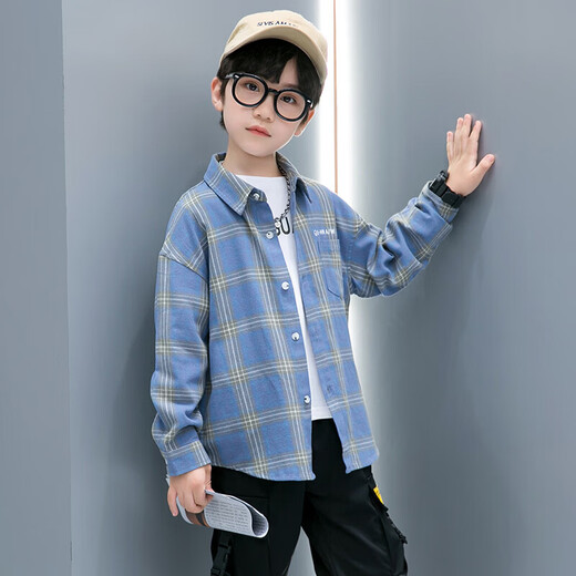 Children's clothing boys' long-sleeved shirt spring and autumn new pure cotton checkered shirt medium and large children's striped plaid shirt handsome and trendy blue 130 (recommended height is about 125)