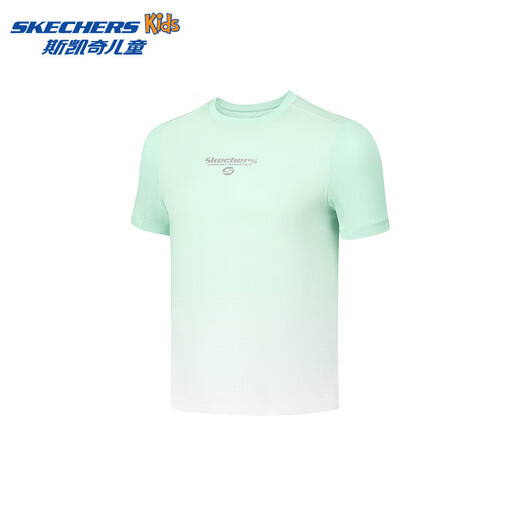 Skechers 2026 spring boys' comfortable sports and leisure knitted short-sleeved T-shirt P225B008 light plaid aqua white background gradient/059Z 120