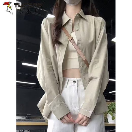 Woodpecker (TUCANO) design niche shirt jacket for women 2026 spring and summer new embroidered retro casual loose long-sleeved sun protection shirt green gray S recommended 80-95Jin Jin equals 0.5 kg