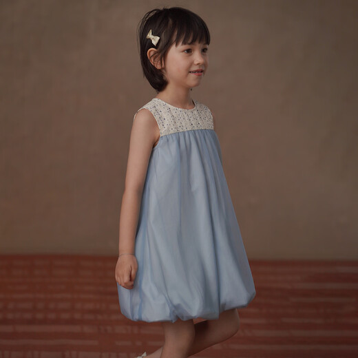 Haqi Children's Clothing 2026 Summer Children's Tank Top Floral Splicing Gauze Skirt Girls Dress Baby Flower Bud Skirt Cute Blue 110