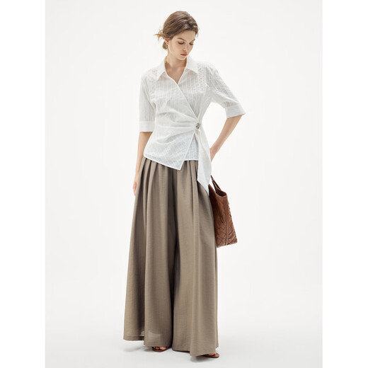 ELLE French Textured Ribbon Waist Shirt Women's 2026 Summer New Irregular Design Lapel Shirt White M