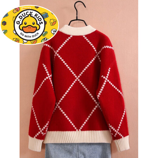 HAL.DUCK Girls' Red Sweater 2026 Autumn and Winter New Style Children's Winter Wear Medium and Large Children's Velvet Thickened Knitted Bottoming Sweater Red 140 cm