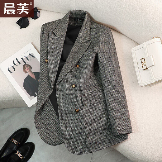 Chenfu woolen suit jacket for women spring and autumn new high-end wool small back slit casual fashion temperament suit regular style gray suit L recommended 105-114 Jin Jin equals 0.5 kg