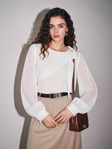 Basic House Basic House/Baijiahao pink bow chiffon shirt for women 2026 spring new design shirt m M