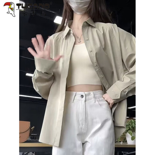 Woodpecker (TUCANO) design niche shirt jacket for women 2026 spring and summer new embroidered retro casual loose long-sleeved sun protection shirt green gray S recommended 80-95Jin Jin equals 0.5 kg