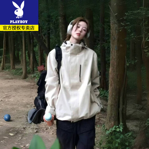 Playboy Spring and Autumn New Niche Hooded Jacket Men and Women Same Style Outdoor Mountaineering Clothes Windproof and Coldproof Versatile Short Jacket Spring and Autumn Style Milky White M 100-120Jin Jin is equal to 0.5 kg