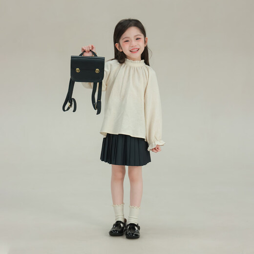 UTOUTO Big Ear Elephant Girls Fungus Lace Solid Color Shirt 2026 Spring New Style Baoer Casual Versatile Long Sleeve Top Oatmeal Apricot Spot 130