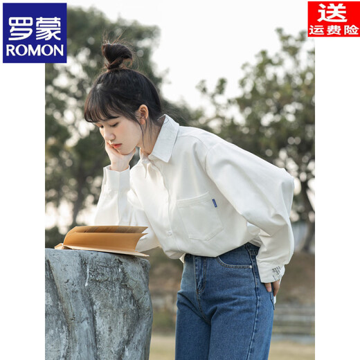 ROMON white shirt women's design niche spring and autumn new inner base shirt student pure cotton long-sleeved top jacket white (cotton fabric, versatile) XS recommended 75-90Jin Jin equals 0.5 kg for inner wear