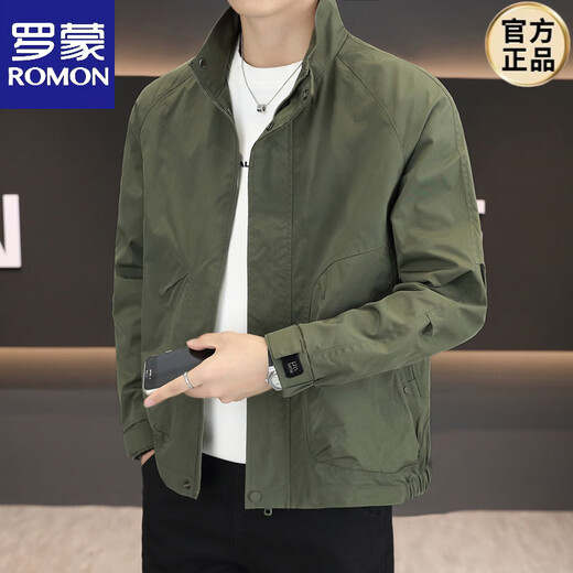 ROMON 2026 Stand Collar Simple Casual Jacket Men's Spring and Autumn New Men's Jacket Top Men's Green M 100-125Jin Jin is equal to 0.5 kg