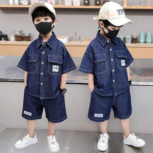 Ultraman boys summer denim suit short-sleeved shirt baby handsome summer clothes children fashionable shirt fashionable two-piece set trendy blue 90 cm
