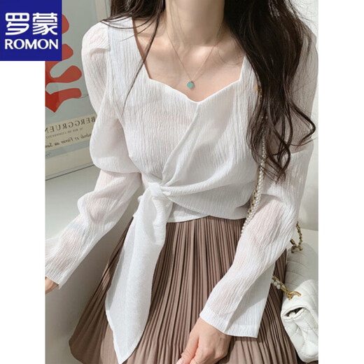 ROMON Hong Kong Style Slim Square Collar Shirt Women's Design Irregular Lace Top Long Sleeve Fashion Short Chic Shirt Black S