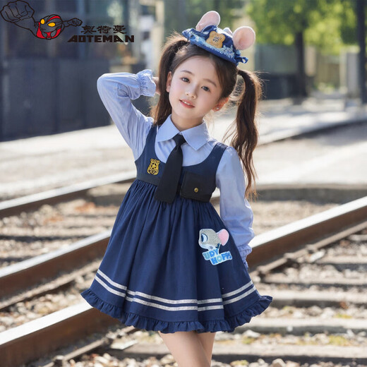 Ultraman Girls Zootopia Rabbit Police Officer Lolita Princess Dress 2026 Spring and Autumn New Girl Judy Dress Blue (Free Tie) 90 cm