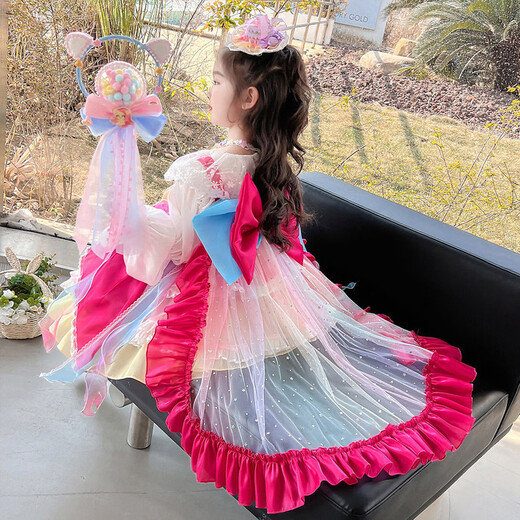 G.duck Lolita Princess Dress Girls Spring Autumn Summer Children's Dress Fashionable Cute Girl Birthday Gift Puff Skirt Pony Headdress + Necklace (Not shipped if purchased alone) 100