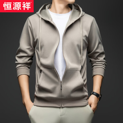 Hengyuanxiang spring and autumn new zipper hooded sweatshirt for men and young and middle-aged casual sports long-sleeved pocket cardigan jacket solid color seagull gray without velvet M