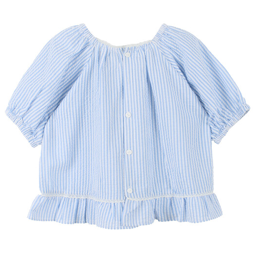 Xiaoyinman children's clothing girls plaid shirt lace hem 26 summer large children puff sleeve casual top blue grid 120