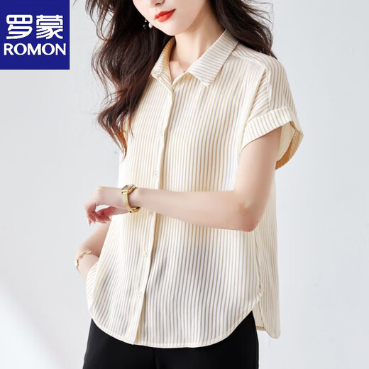 ROMON POLO collar short-sleeved striped chiffon shirt for women summer new fashion style shirt loose belly cover green S