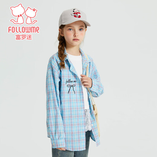 Fuluomi Spring and Autumn Girls' Fun Letter Loose Small Fresh Striped Shirt Blue Check 120