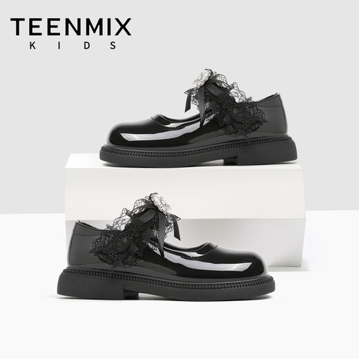 TEENMIX Children's Shoes 2026 Spring New Girls' Versatile Leather Shoes Princess Shoes Bow Tie Performance Shoes Soft Sole Shallow Mouth Single Shoes Black 35