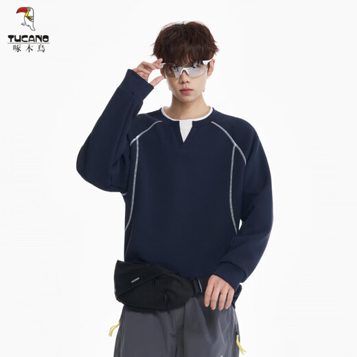 Woodpecker (TUCANO) 2026 spring and autumn Hasselblad line large size contrasting color V round neck fake two-piece outdoor sports texture top sweatshirt for men dark blue M