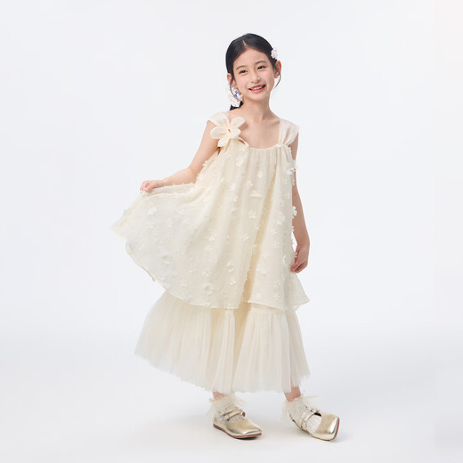 Xiaoyinman children's clothing girls three-dimensional flower princess dress 26 mid-summer big children's suspenders cool, comfortable and sweet dress apricot 120