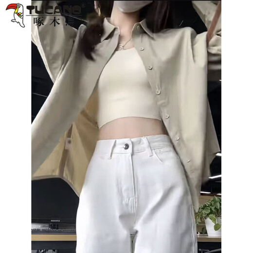 Woodpecker (TUCANO) design niche shirt jacket for women 2026 spring and summer new embroidered retro casual loose long-sleeved sun protection shirt green gray S recommended 80-95Jin Jin equals 0.5 kg