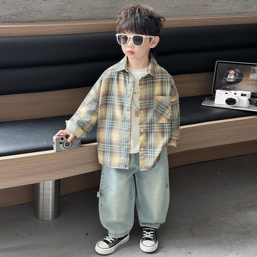 Boys spring and autumn plaid shirt 2026 new children's clothing handsome top baby Korean style long-sleeved shirt trendy khaki shirt 90 cm