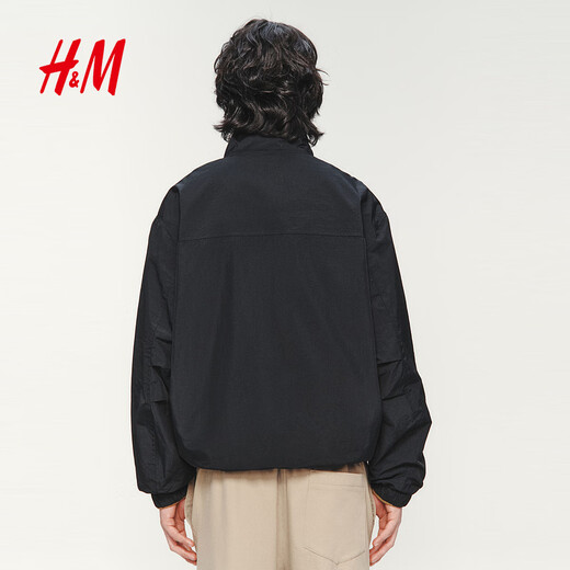H&M Men's Jacket Spring New Stand Collar Slightly Loose Jacket Outdoor Windproof and Hydrophobic Overshirt 1326422 Black XS 165/84