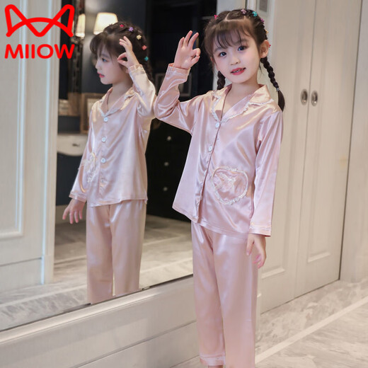 MiiOW children's pajamas for girls in spring and autumn long-sleeved ice silk home clothes for middle-aged and older children and girls summer thin silk air-conditioning clothes Mary Cat (double length) #QN-3047 165 S size suitable for height 140-150CM