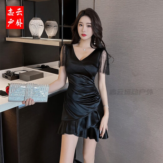 筏芯夜场工作服女夜总会连衣裙女深V礼服足疗足浴技师工作服性感包臀 3897黑色 S  建议80-95斤