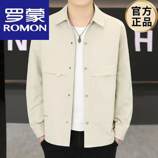 ROMON Jacket Men's Short Lapel Casual Jacket Spring and Autumn New Handsome Versatile Thin Workwear Top Beige L 175