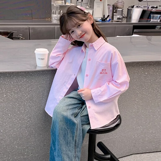 Girls' super nice shirt spring and autumn new children's striped loose long-sleeved shirt autumn girls trendy pink 130