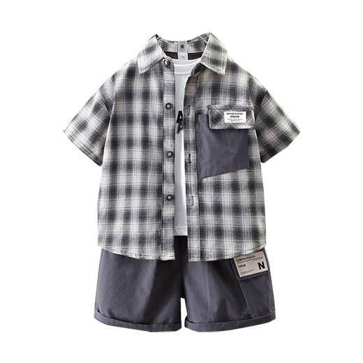 Ultraman Children's Handsome Plaid Shirt Set Boys Summer Thin 2025 New Little Boys Summer Short-Sleeved Three-piece Set Gray Plaid Shirt and Pants Two-piece Set 90 cm