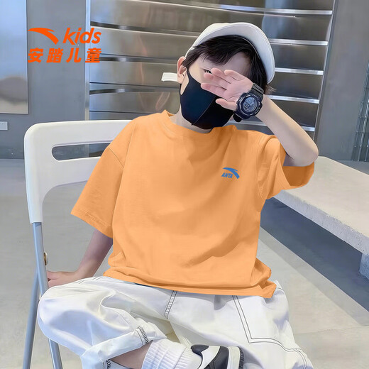 ANTA boys' short-sleeved T-shirt children's summer wear 2026 new pure cotton youth half-sleeved sports short T-shirt casual bottoming shirt skin-friendly pure cotton 8101-2 ink blue 140 cm