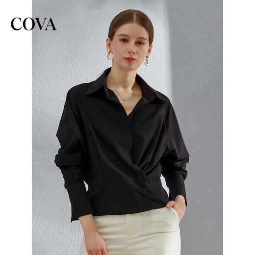 COVA International First-Line Brand 2026 New Design Niche High Waist Long Sleeve Shirt Bamboo Fiber Feel Light Luxury Shirt Women Black S
