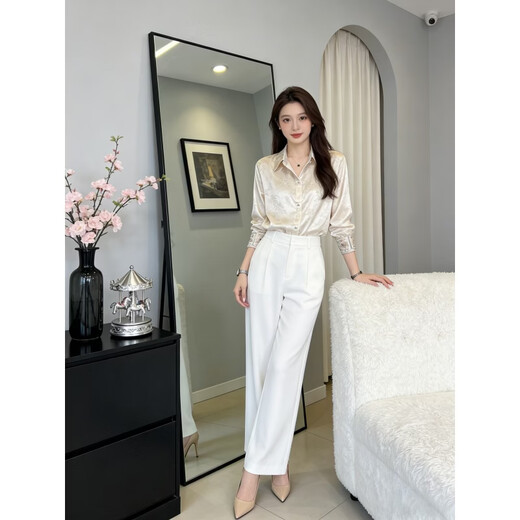 Lu Wang Lianxue New Chinese Satin Long Sleeve Shirt Women's Spring and Autumn 2026 New National Style Jacquard Western Style Versatile Shirt Top Pink L