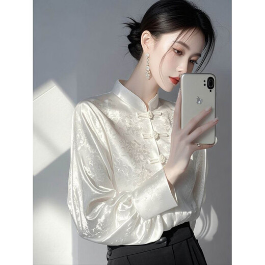 Woodpecker new Chinese style long-sleeved shirt for women 2026 early spring new high-end light luxury age-reducing western style white jacquard shirt pink S recommended 95Jin Jin is equal to 0.5kg within