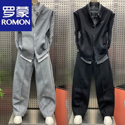 ROMON Spring and Autumn Holiday Two-piece Striped Casual Sports Suit Trendy Men's Fashionable and Versatile Two-piece Suit for Handsome Youth Sweatshirts and Trousers Black 3XL 180-200Jin Jin is equal to 0.5 kg