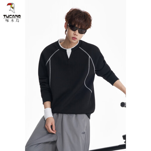 Woodpecker (TUCANO) 2026 spring and autumn Hasselblad line large size contrasting color V round neck fake two-piece outdoor sports texture top sweatshirt for men dark blue M