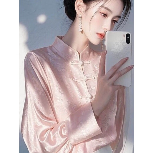 Woodpecker new Chinese style long-sleeved shirt for women 2026 early spring new high-end light luxury age-reducing western style white jacquard shirt pink S recommended 95Jin Jin is equal to 0.5kg within