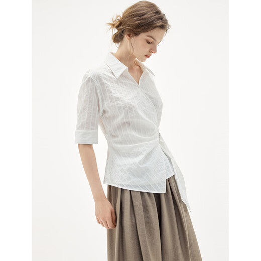 ELLE French Textured Ribbon Waist Shirt Women's 2026 Summer New Irregular Design Lapel Shirt White M