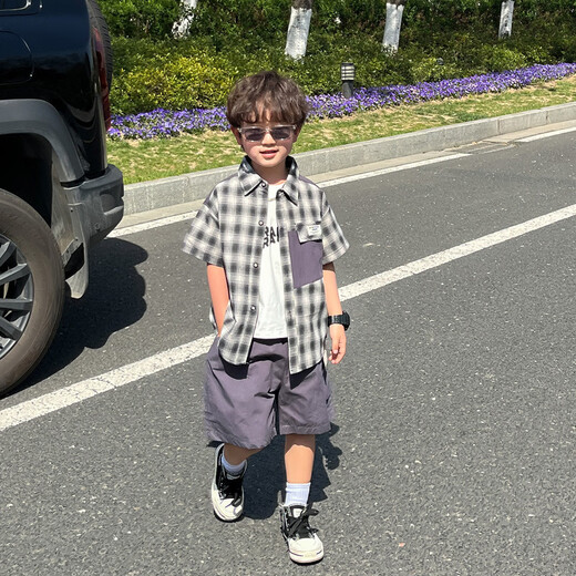 Ultraman Children's Handsome Plaid Shirt Set Boys Summer Thin 2025 New Little Boys Summer Short-Sleeved Three-piece Set Gray Plaid Shirt and Pants Two-piece Set 90 cm
